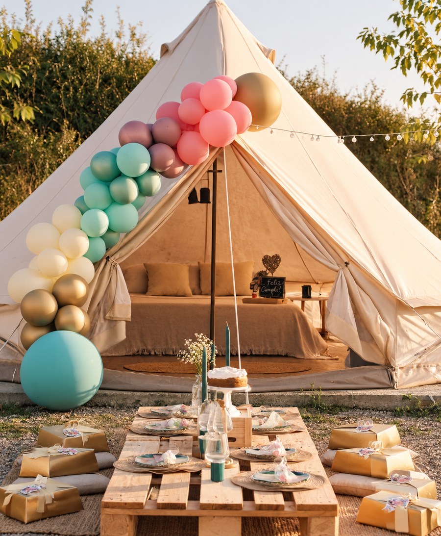 Cumpleaños con montaje glamping y decoración de globos